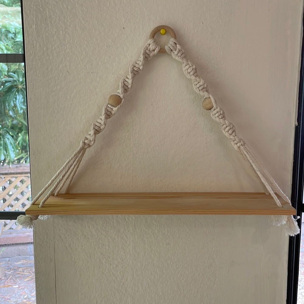 Wooden hanging shelf woven yarn design